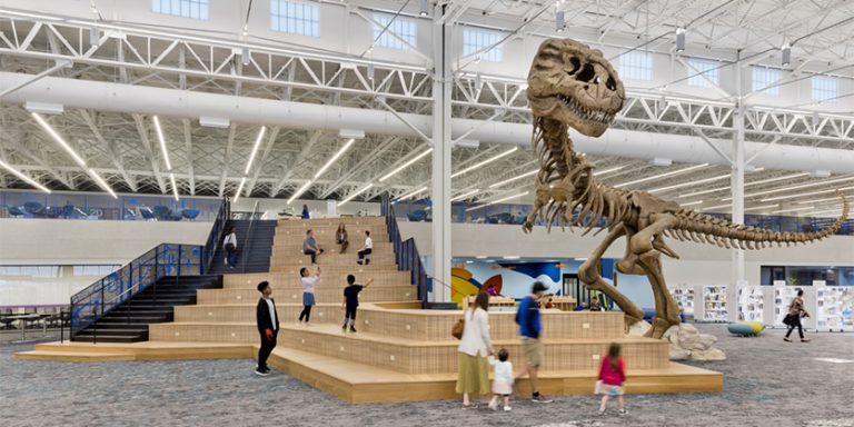 Dinosaur-Approved Catenary Lighting Solution for an Exceptional Library Space in Frisco, Texas