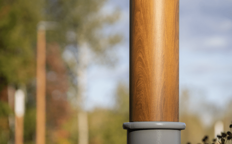 Eureka wood finishes for light poles, bollards