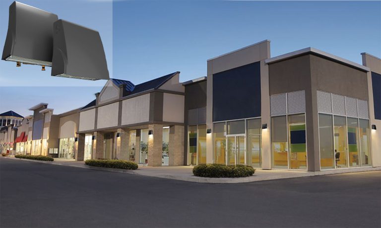 Rendering of commerical building with RAB Lighting's Slim17FA wall packs installed.