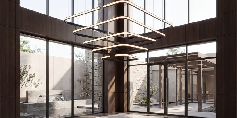 Coronet Trazo linear lighting in a squared entrance layout