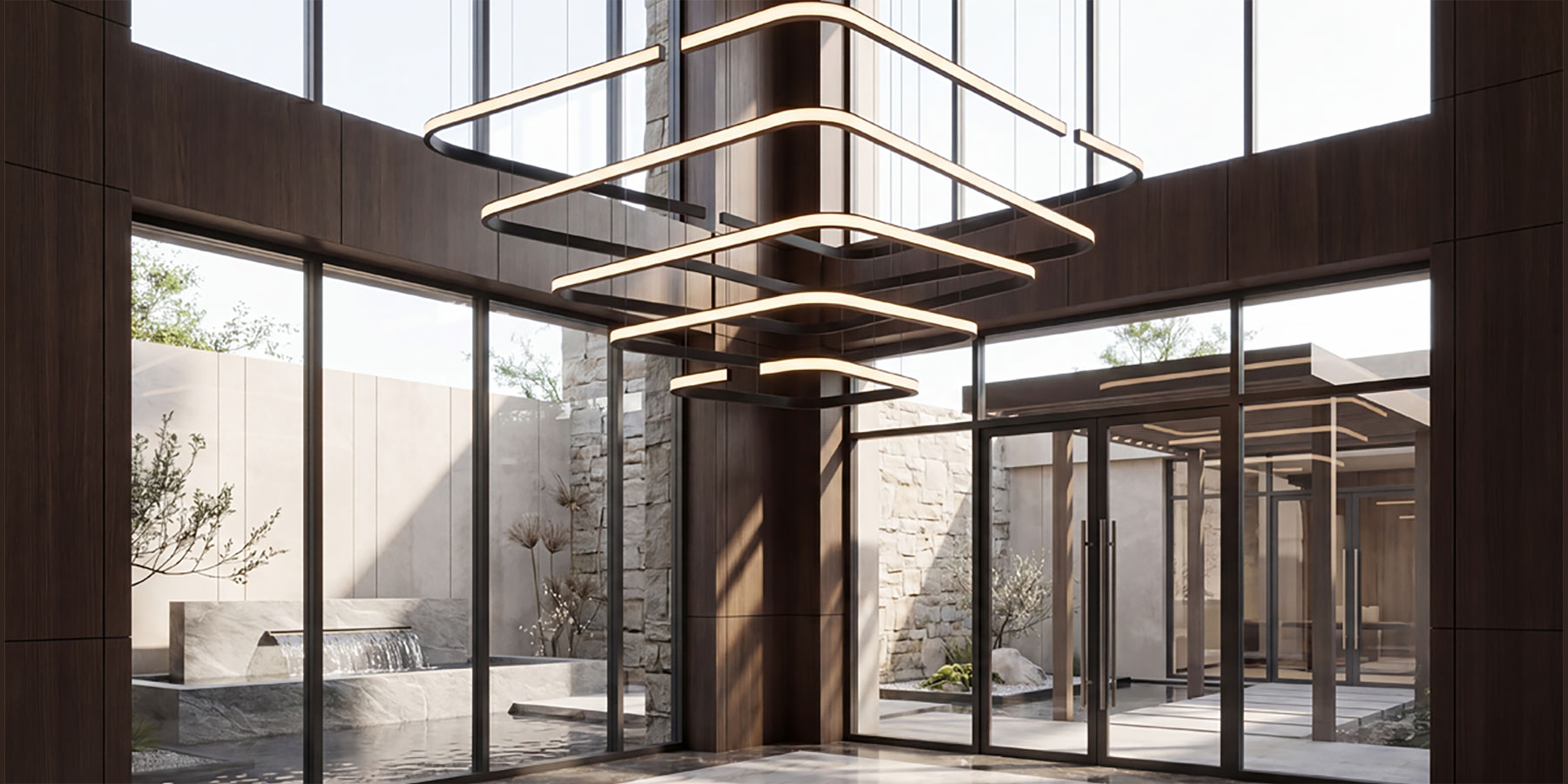 Coronet Trazo linear lighting in a squared entrance layout